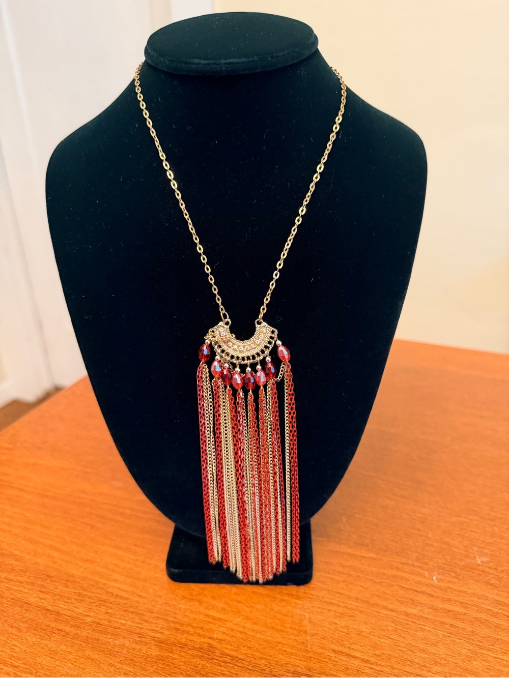 Source Unknown Gold Necklace with Red Beads and Tassel Chains